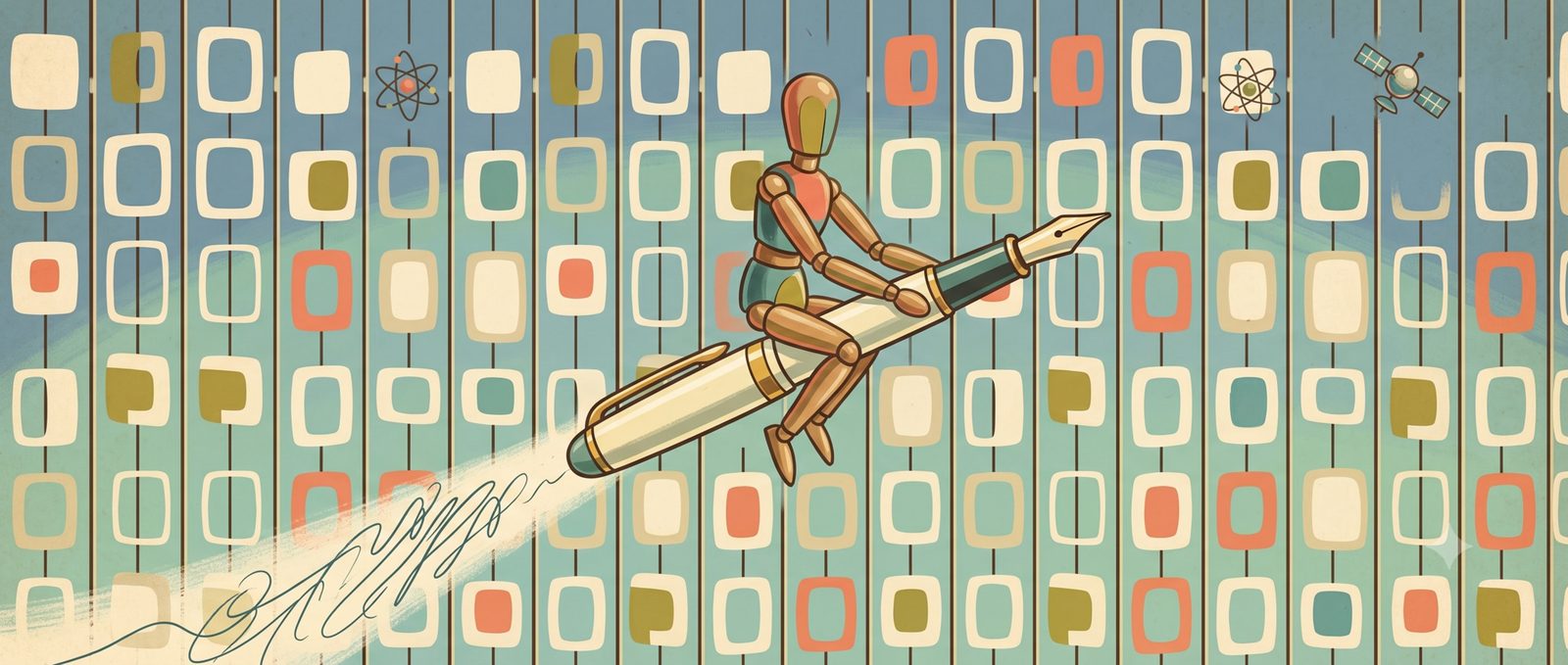 A wooden artist's mannequin riding a fountain pen like a rocket across a mid-century wallpaper of rounded squares, leaving a trail of handwriting behind it.