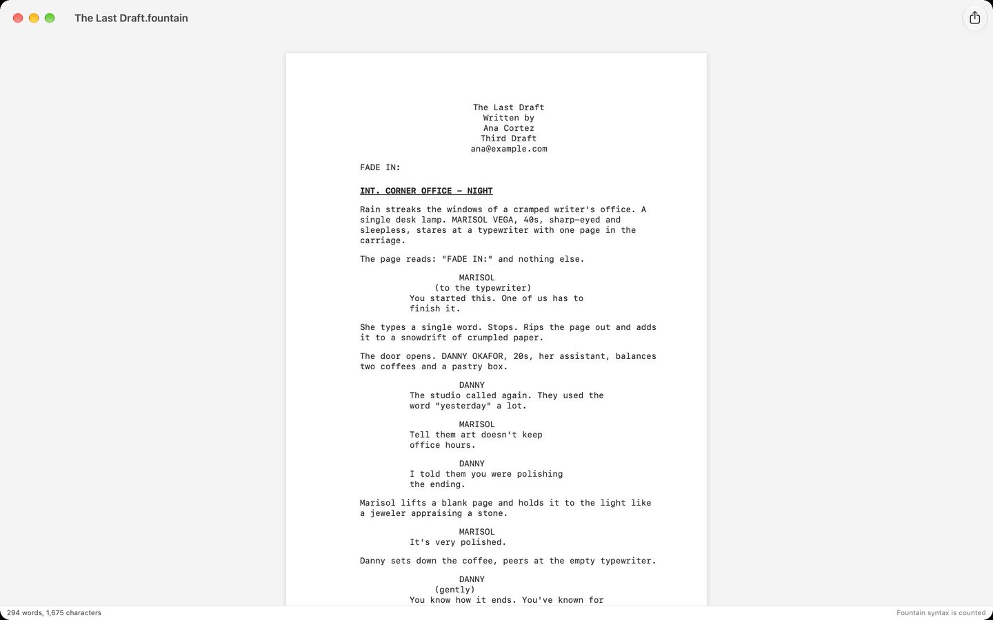 Escribir's script preview showing a Fountain screenplay rendered as a formatted script page, with title page block, centered character names, and indented dialogue.