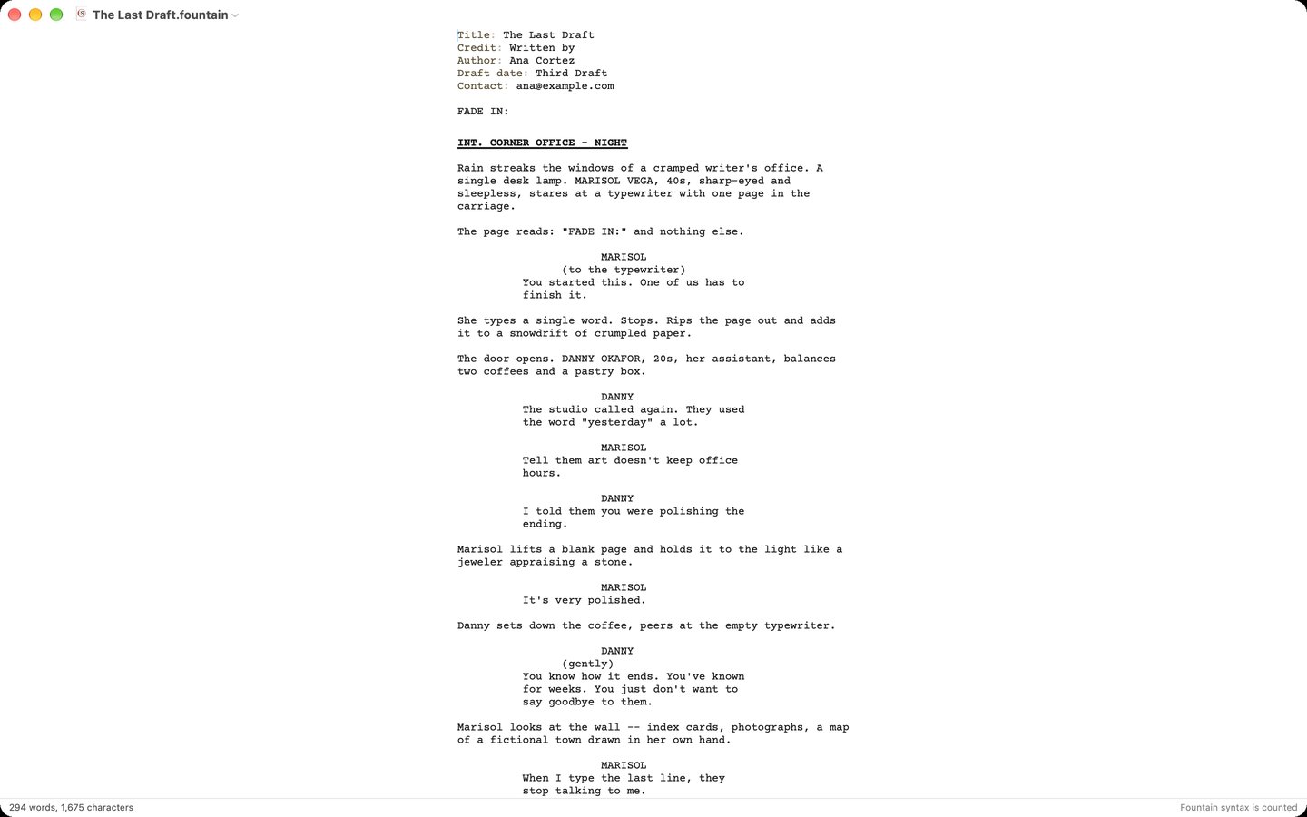 A Fountain screenplay open in Escribir with live styling: scene headings underlined, dialogue indented to screenplay geometry, and a live word count in the window's bottom bar.