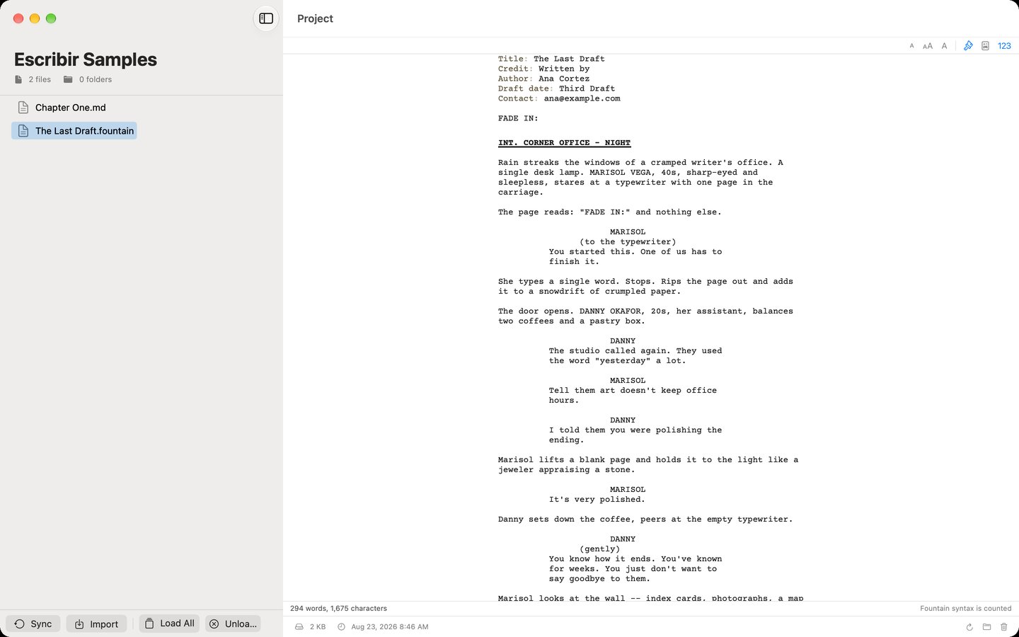 Escribir's project window with a sidebar file tree over a folder and a text file open in the editor pane.