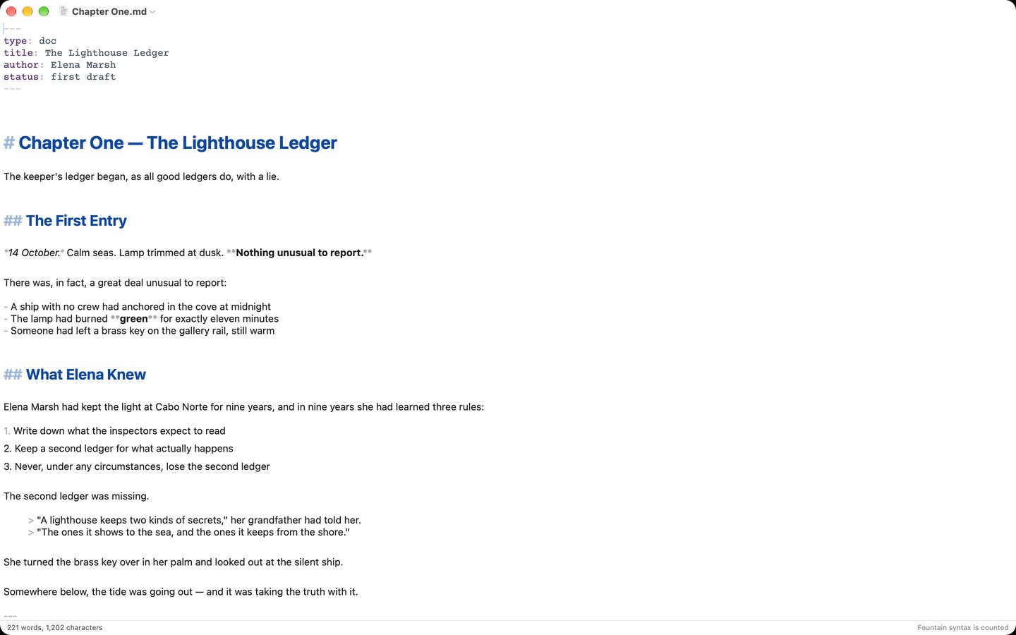 A Markdown document in Escribir with live styling: scaled headings, bold and italic text, and dimmed syntax markers.